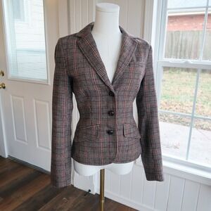 H&M LOGG Womens Plaid Blazer 4 Brown Elbow Patch Dark Academia Jacket Preppy